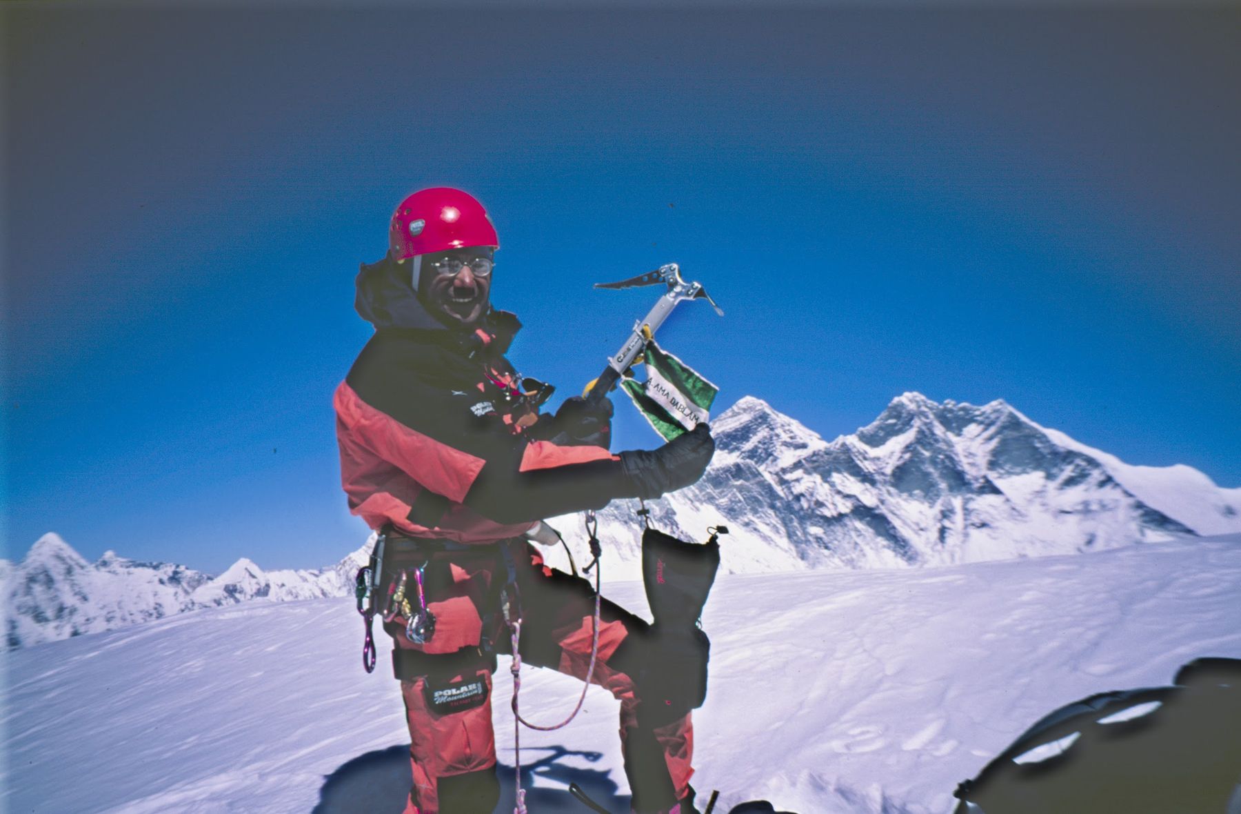 Manuel González (Lolo) on the summit of Ama Dablam, with Everest behind