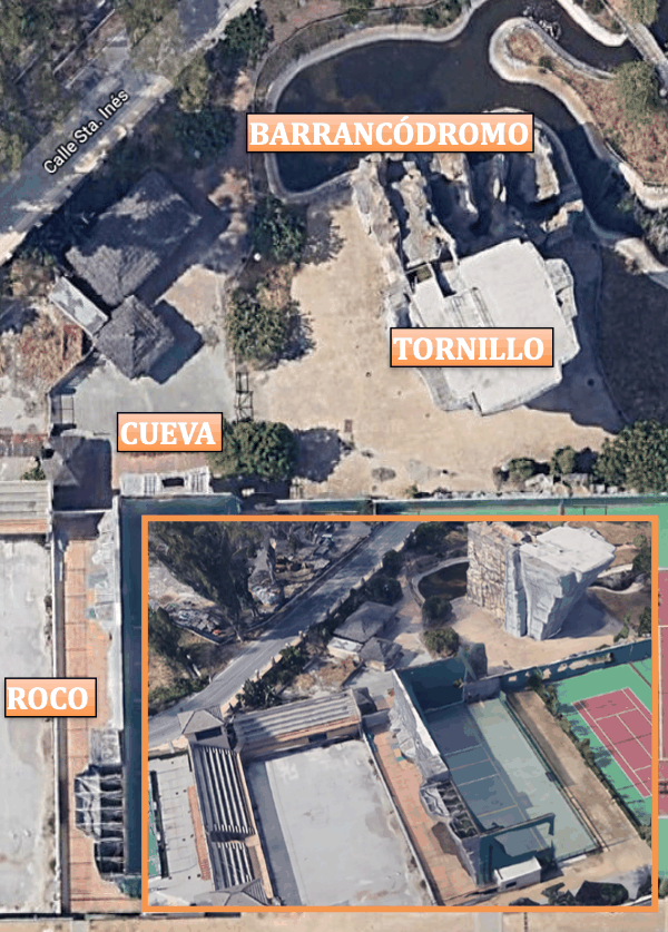 Vista aérea del recinto con la situación de El Tornillo, La Cueva, Roco y el barrancódromo